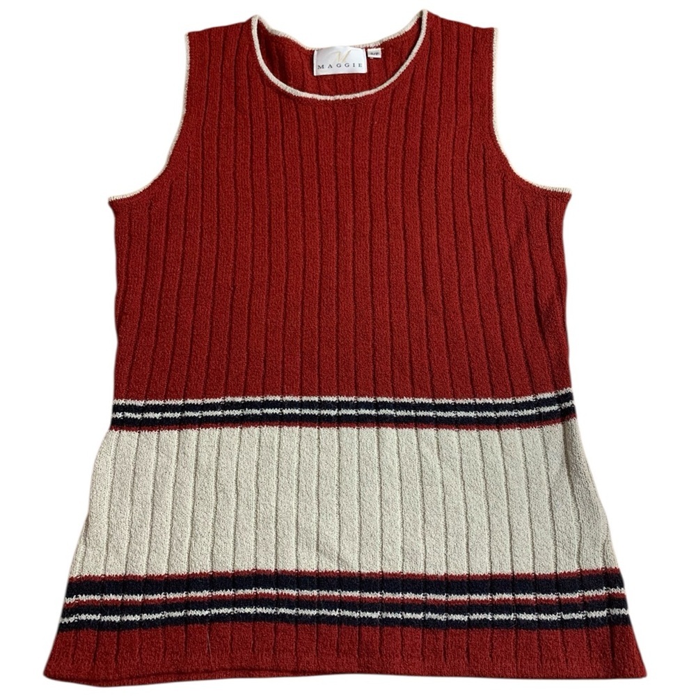 Vintage Maggie Striped Ribbed Knit Tank Top Red Cream Blue S/P